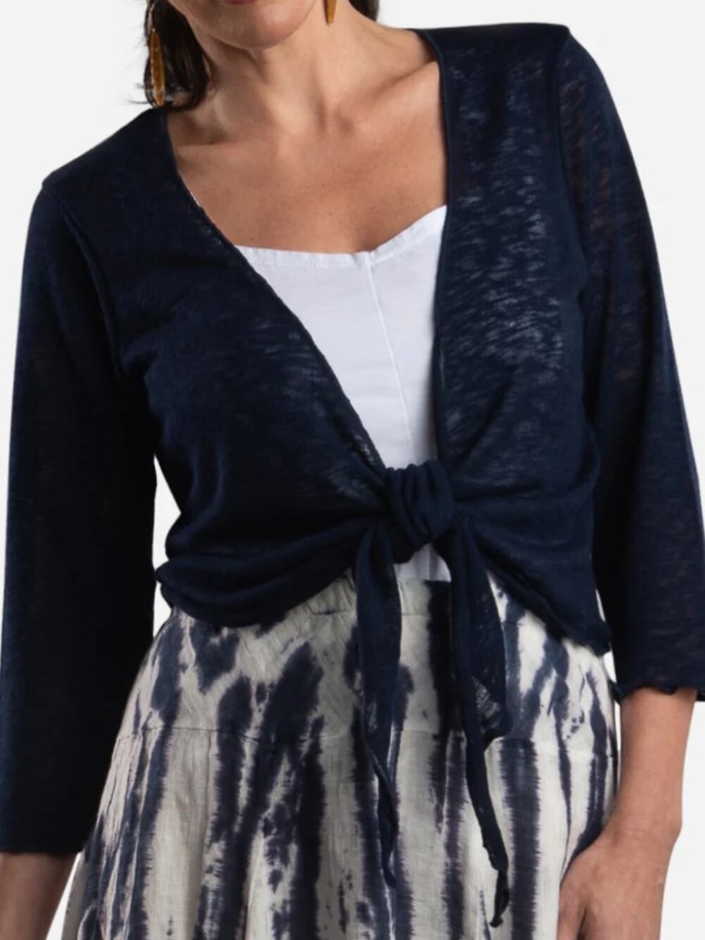 Cropped Tie Front Cardigan - Navy Blue